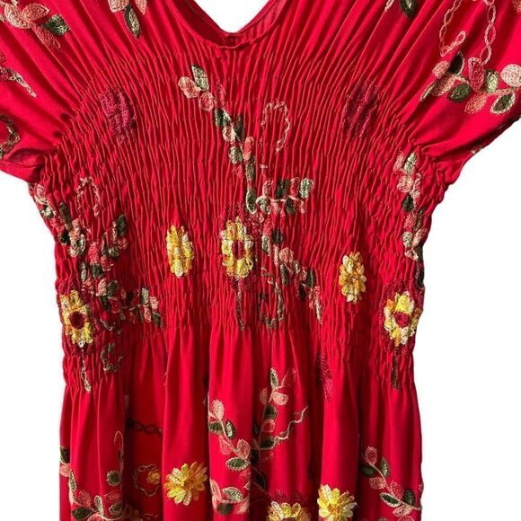 Cacharitey Made in Mexico Smocked Embroidered Double V Midi Dress - Picture 6 of 9